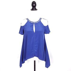 BCBGMAXAZRIA Blue Silk Embellished Neck Cold Shoulder Asymmetrical Top S…